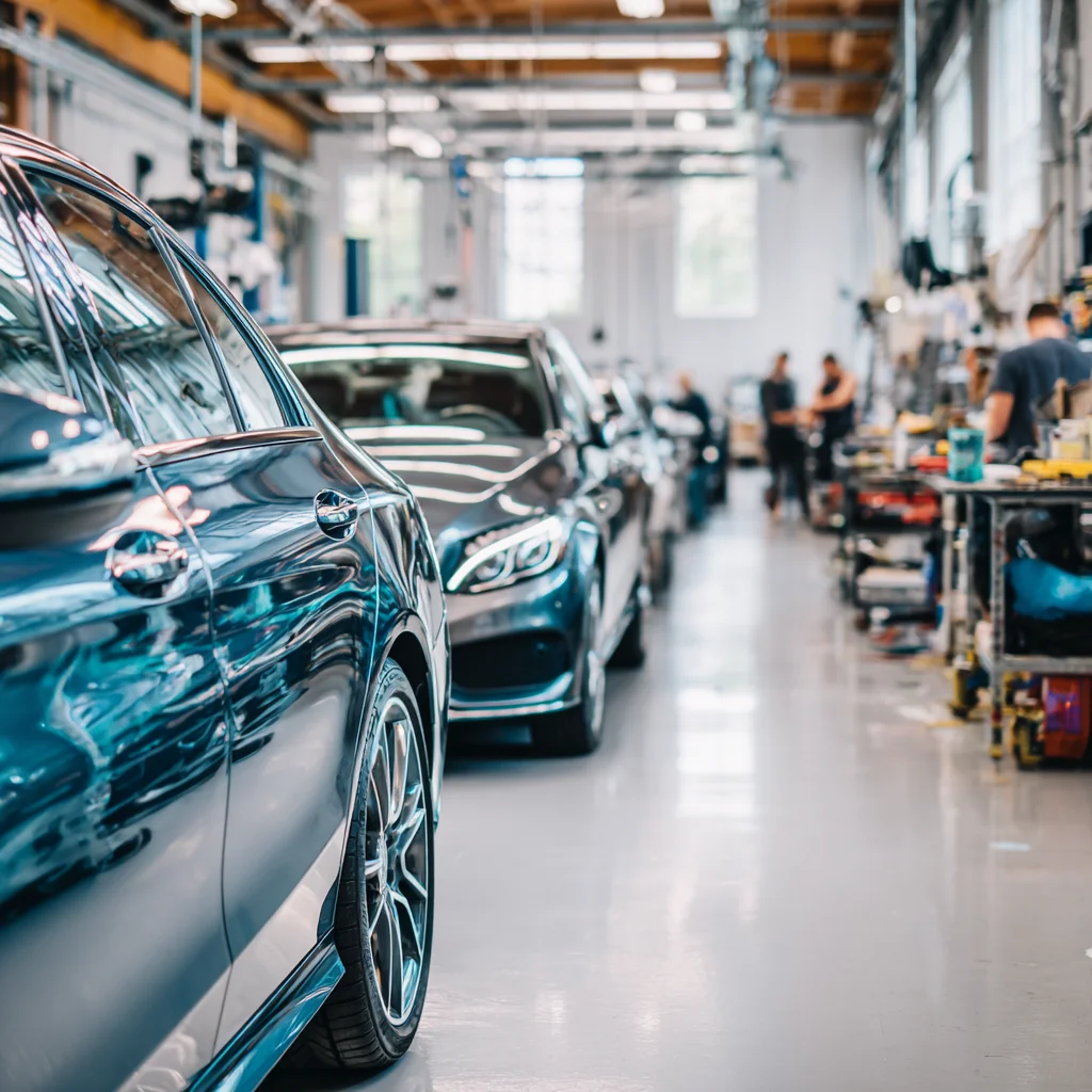 Cars in a clean body shop