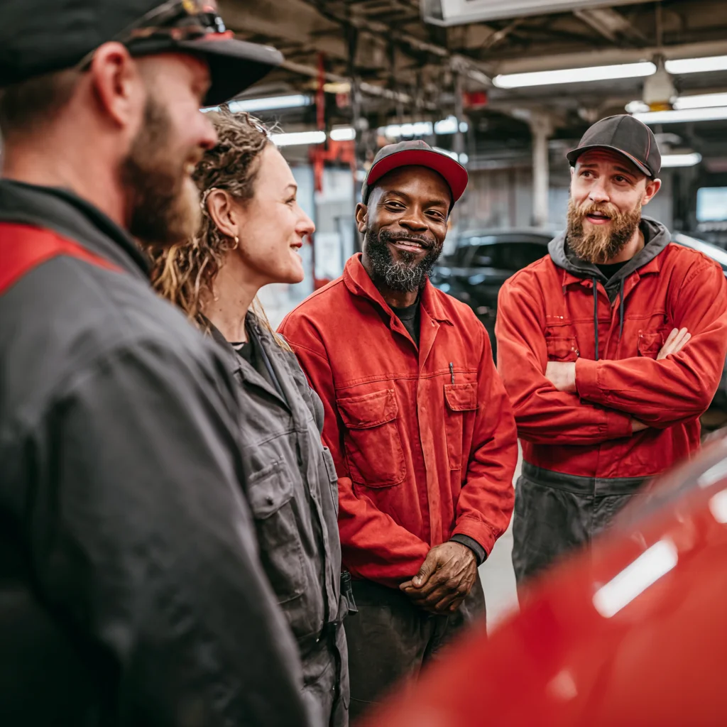 Tory_Barber_a_stock_photo_of_a_group_of_diverse_hail_dent_rep_04cd1e31-d938-4a5a-b6a5-b5dd01f774eb_0 copy A group of technicians chatting in the body shop