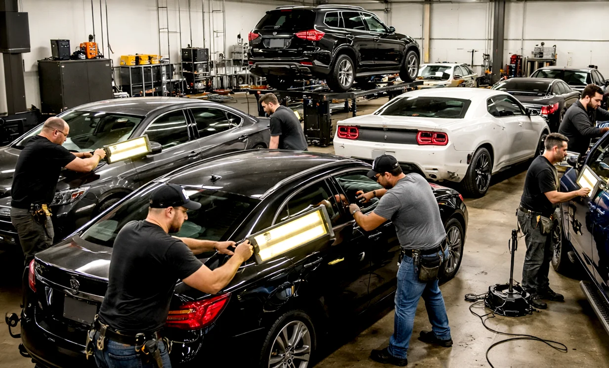 ihshome-hero-btns-fhg a team of pdr techs working in a shop